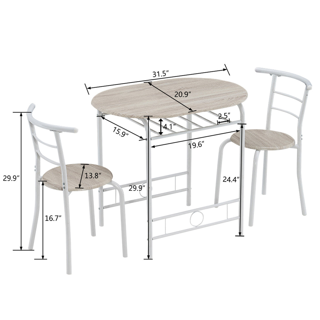 Bonnlo Minimalist 3-Piece Iron Dining Set for 2, Wooden Table and 2 Chairs Ideal for Small Kitchen, Dining Room, Apartment, Balcony & Coffee Nook, Breakfast & Negotiation Table with Storage Shelf, Metal Frame