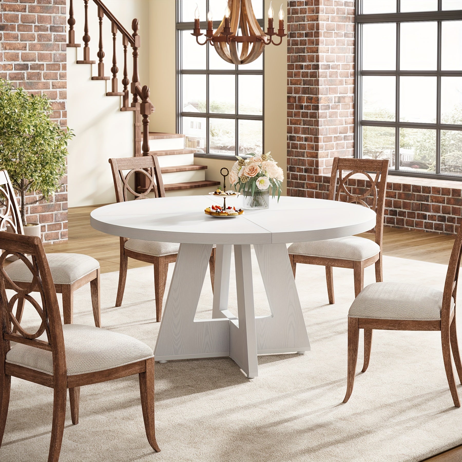 47-Inch Round Farmhouse Dining Table Suitable for 4 - Rustic Wood Table with Heavy-Duty Metal Base, MDF Top & Wood - Assembly Countryside Dinner Table, Dining Room or \u002FOutdoor Use